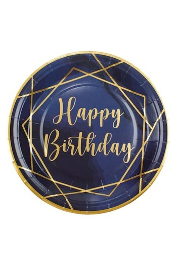 SHOPIENS Set 6 Bucati Farfurii Carton 23cm Albastre Cu Detalii Din Folie Aurie Si Imprimeu Happy Birthday Pen