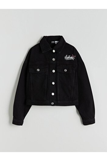 LC Waikiki Lcw Kids Black Cro Mi Printed Girls' Jean Jacket