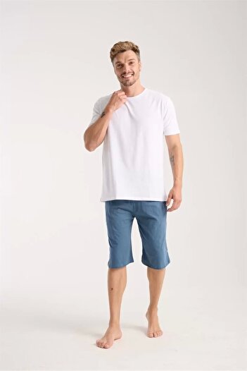 Akbeniz Fashion Men's Pocketed Cotton Combed Shorts Indigo