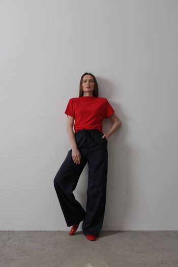 Melike Bakar Boutique Elastic Waist Wide Leg Navy Blue Trousers