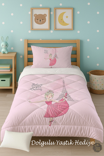 Talia Home Pink Paris Eiffel Tower Patterned Single Children's Quilt Sleeping Set Tlag-159