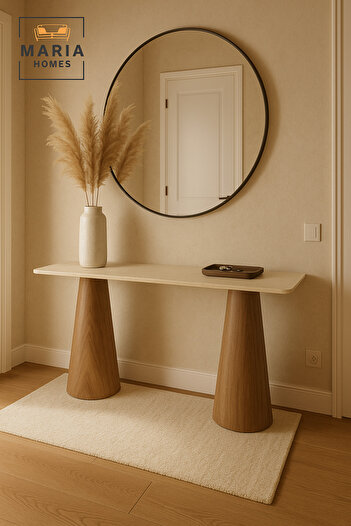 MARIA HOMES Beige Top Console Table with Brown Wooden Base – Modern Entryway & Living Room Table 140×40×80 cm