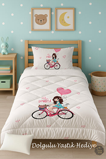 Talia Home Lovely Bicycle Patterned Single Children's Quilt Sleeping Set Tlag-095
