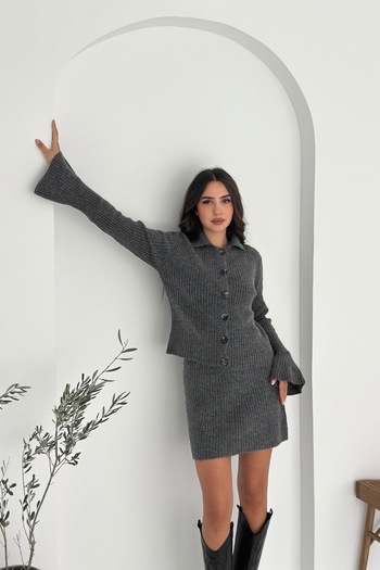 Noi Belis Basic Polo Neck Ribbed Knit Detailed Knitwear Top and Bottom Set Aw25Au0012