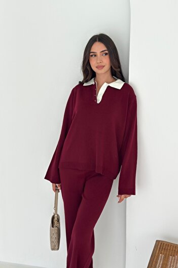 Noi Belis Basic Polo Neck Half Placket Buttoned Knitwear Bottom-Top Set Aw25Au0013