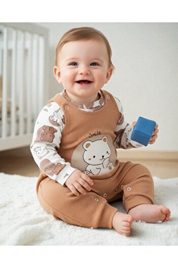 Egelite Baby Boy 0-3-6-9 Months Bear Printed Salopet / Gardener Jumpsuit and Underwear Set
