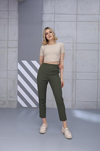 Mogi Butik Exclusive Kadın Havuç Paça Yüksek Bel Likralı Dokuma Pantolon 3096
