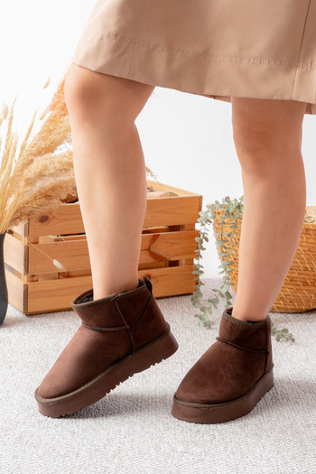 SİLİYA Mini Dark Suede Fur Lined Thick Sole Women's Boots