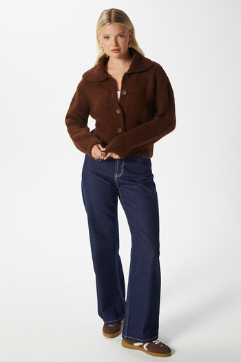 Ritnice Women's Lean Soft Texture Polo Neck Brown Basic Knitwear Cardigan Hi00179