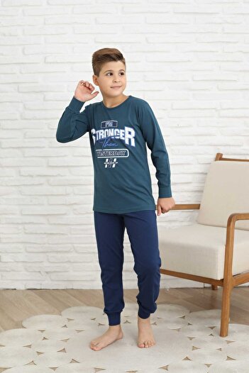 Şekerkids Boy's Cotton Combed Fabric Petrol Blue Pajama Set with Text Detail