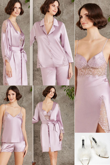 Mavelle Satin Rose Dressing Gown Nightgown Pajama Set with Shorts and Slippers Bridal Dowry Set with Gift
