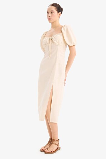 DeFacto Heart Neckline Slit Linen Blend Short Sleeve Midi Dress C0941Ax25Sm