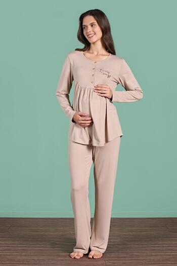 Pijadore Women's Mink Color Long Sleeve Half Button Maternity Pajamas Set C5T4N91