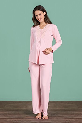 Pijadore Women's Pink Color Lace Collar Long Sleeve Maternity Pajamas Set C4T4N91