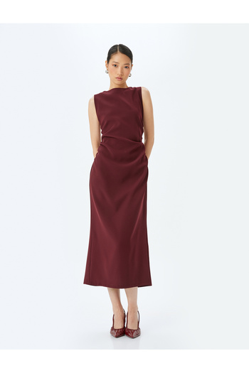 Koton Crepe Fabric Draped Detail Slim Fit Round Neck Sleeveless Long Pencil Dress