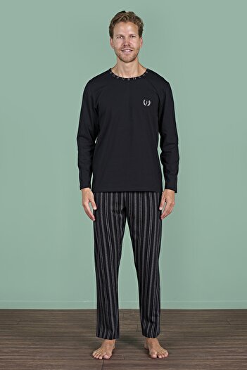 Pijadore Men's Black Color Long Sleeve Round Neck Striped Detailed Pajama Set C0T4N91