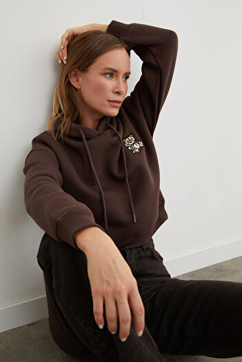 Fulla Moda 3 Yarn Teddy Bear Embroidered Hooded Sweatshirt