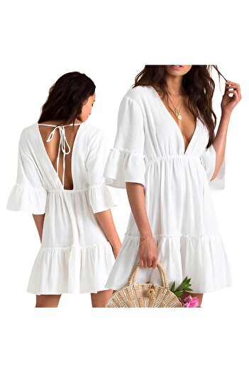 Other Airy summer mini dress, white sarong, 3/4 sleeves, bohemian beach style with ruffles