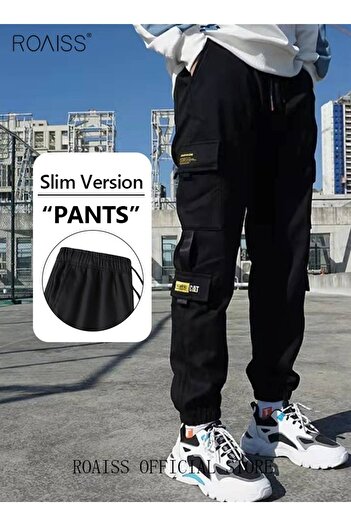 ROAISS Men's Cargo Pants Casual Pants with Elastic Drawstring Suitable for Various Body Types Simple and Tr