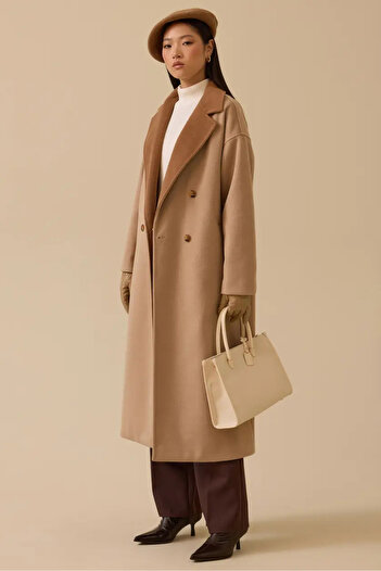 SEÇİL Women's Buttoned Double-Breasted Cashmere Coat - Beige