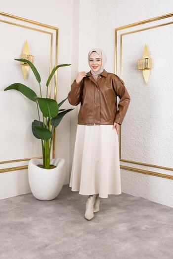 Hb Harma Time Butik Women's Tan Leather Lined Zippered Jacket
