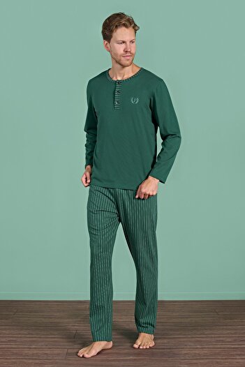 Pijadore Men's Green Long Sleeve Stripe Detailed Buttoned Collar Pajama Set C1T3N91