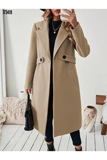 Modayakamoz New Season Stylish Women's Mini Coat Cashmere Fabric with Pockets Buttoned Waist Belted