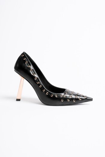 Mubiano Women's Leather Shoes Gold Detailed High Heels 9 cm Black Fiorra