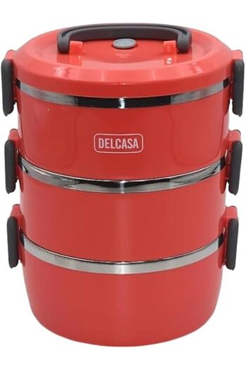 Generic Delcasa Round Lunch Box with 3 Layer Stainless Steel Inner, Red