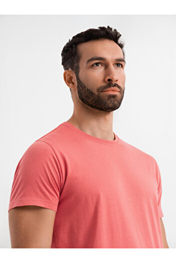 OMBRE Ανδρικό κλασικό βαμβακερό μπλουζάκι BASIC - κοραλί V17 OM-TSBS-0236 M