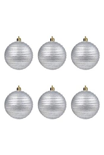 Jumbo Set Globuri de Crăciun Argintii Mate cu Dungi Sclipici 8 cm - 6 buc