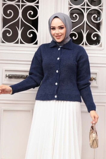 N.S NEVA STYLE Feathered Navy Blue Hijab Knitwear Cardigan 85321L