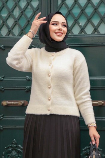 N.S NEVA STYLE Furry Cream Hijab Knitwear Cardigan 86041Kr