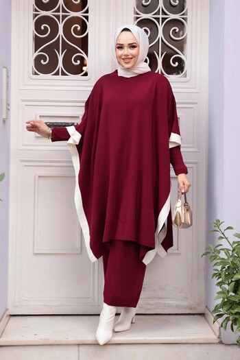 N.S NEVA STYLE Panche Burgundy Hijab Knitwear Triple Set 33850Br
