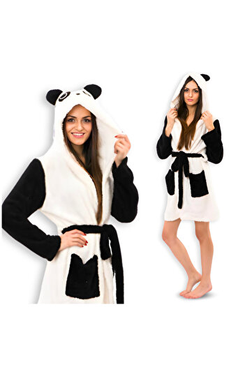 Other Women's warm panda bathrobe with hood, tied above the knees, cozy.