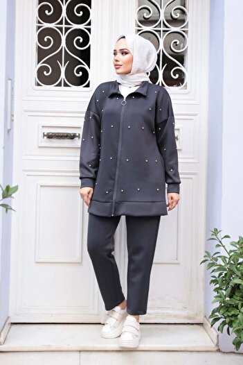 N.S NEVA STYLE Zippered Smoked Hijab Double Set 12401Fu