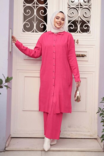 N.S NEVA STYLE Collared Pomegranate Flower Hijab Knitwear Double Set 34181Nc
