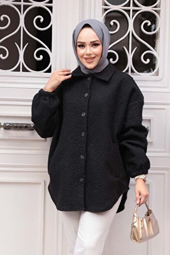 N.S NEVA STYLE Buttoned Black Hijab Felt Jacket 30142S