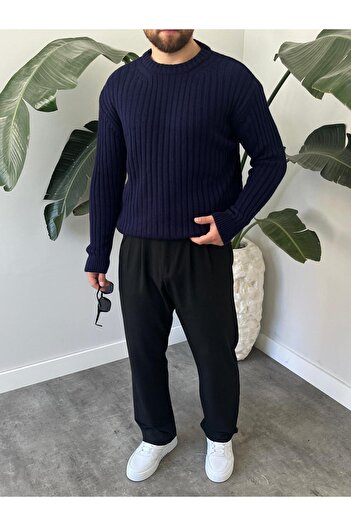 HAWKKİNG Men's Oversize Crew Neck Ribbed Knit Sweater