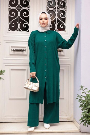 N.S NEVA STYLE Collared Emerald Green Hijab Knitwear Double Set 34181Zy