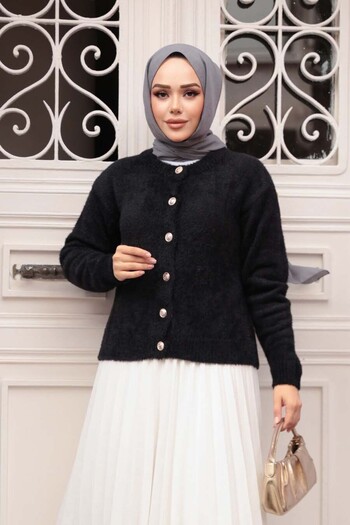 N.S NEVA STYLE Feathered Black Hijab Knitwear Cardigan 86041S