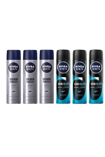 NIVEA Set 6 X Deodorantes Spray Anti-Perspirant Nivea, 3 X Silver Protect, 3 X Deep Black Carbon Beat
