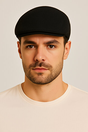 ZERAMİNE Men's London Classic Cap Hat – Wool Flat Cap - Black