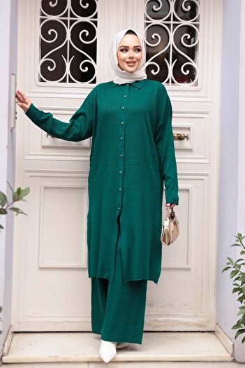 N.S NEVA STYLE Collared Emerald Green Hijab Knitwear Double Set 34181Zy