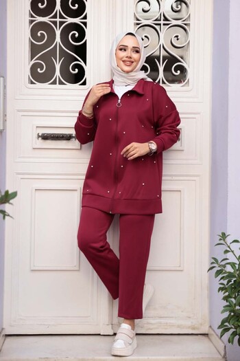 N.S NEVA STYLE Zippered Burgundy Hijab Double Set 12401Br