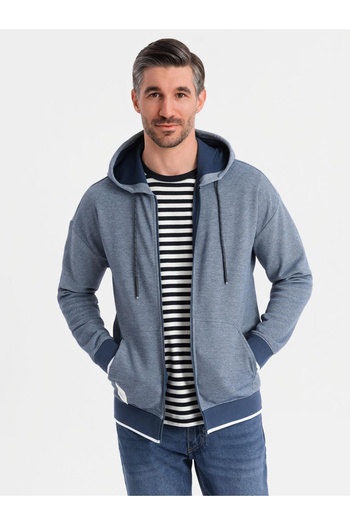 OMBRE Men's soft-textured hooded sweatshirt - navy blue V2 OM-SSZP-0191