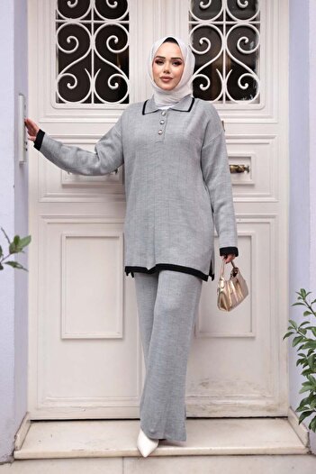 N.S NEVA STYLE Gray Hijab Knitwear Double Set 17204Gr