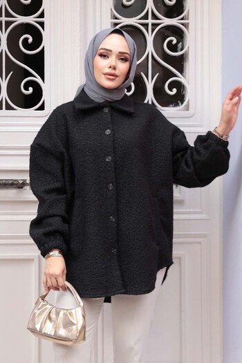 N.S NEVA STYLE Buttoned Black Hijab Felt Jacket 30142S