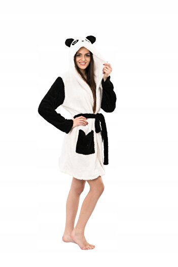 Other Women's Warm Panda Bathrobe with Hood, Tied, White, Black, Above Knees