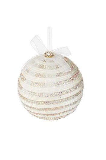 Silver Star Christmas Tree Ornament Cream Globe with Strass and Ribbon Ø9 cm